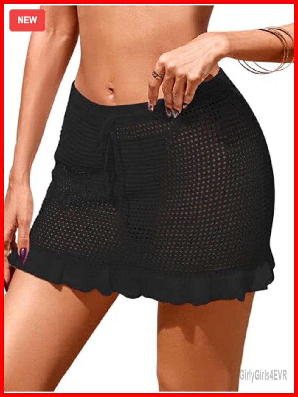 Crochet Lace Ruffle Trim Hollow Out Beach Cover Up Mini Skirt Elastic Waist